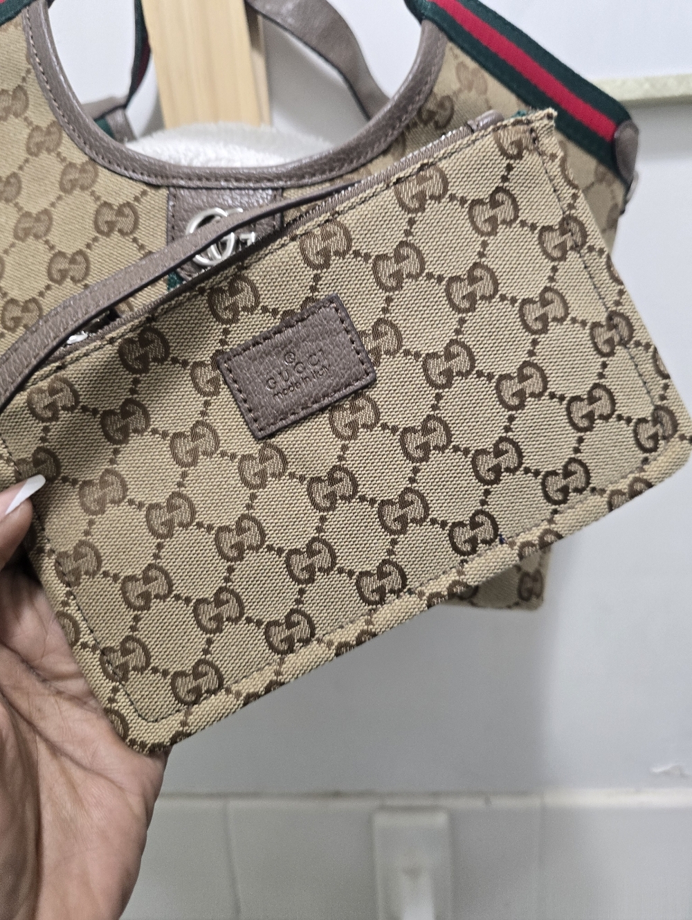 Canvas Cotton Supreme GIG Small Tote w/ Green/Red Stripe Brown LeatherTrim/strap - Picture 12 of 16